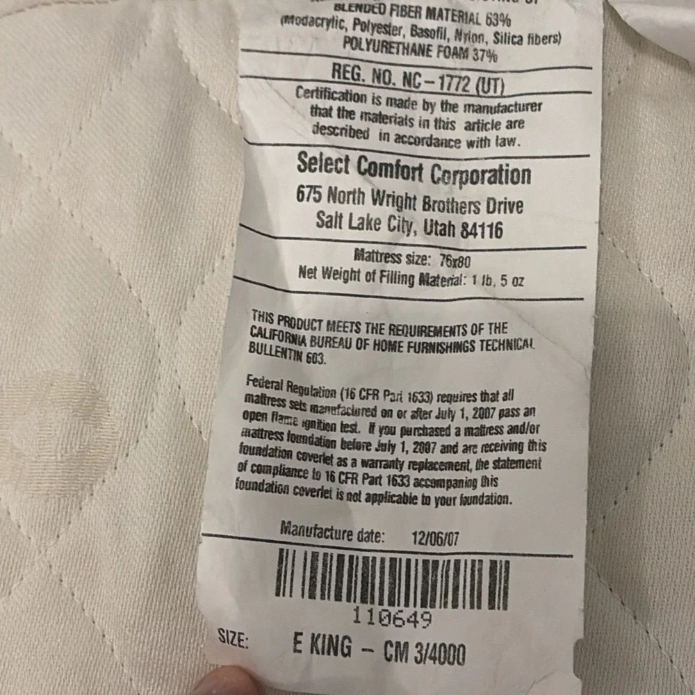 Sleep Number Select Comfort King Foundation Base Cover White CM 4000 PT